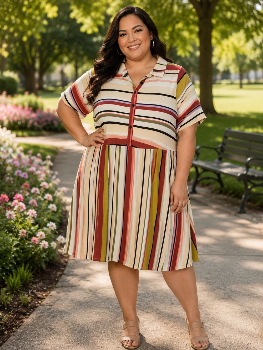 torrid Striped Button-Front Fit & Flare Dress in Cream, Red, Olive